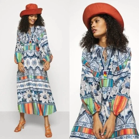 FARM RIO BLUE PALMS BALLOON SLEEVE DRESS SIZE MEDIUM NEW with TAGS - Picture 15 of 16